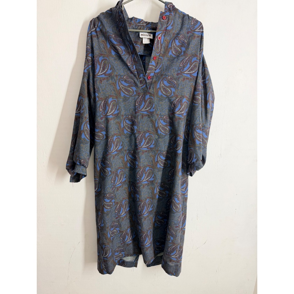 Vintage Missy H Paisley Shift Dress Blue Brown Red Buttons Made in USA Size 16